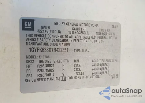 2007 Cadillac Escalade Standard из США, поврежденный, VIN 1GYFK638X7R422351